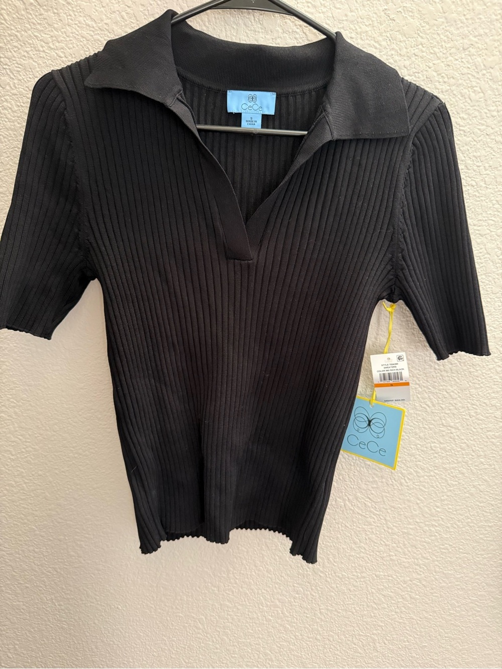 CeCe Black Ribbed V-Neck Polo Short Sleeve Top